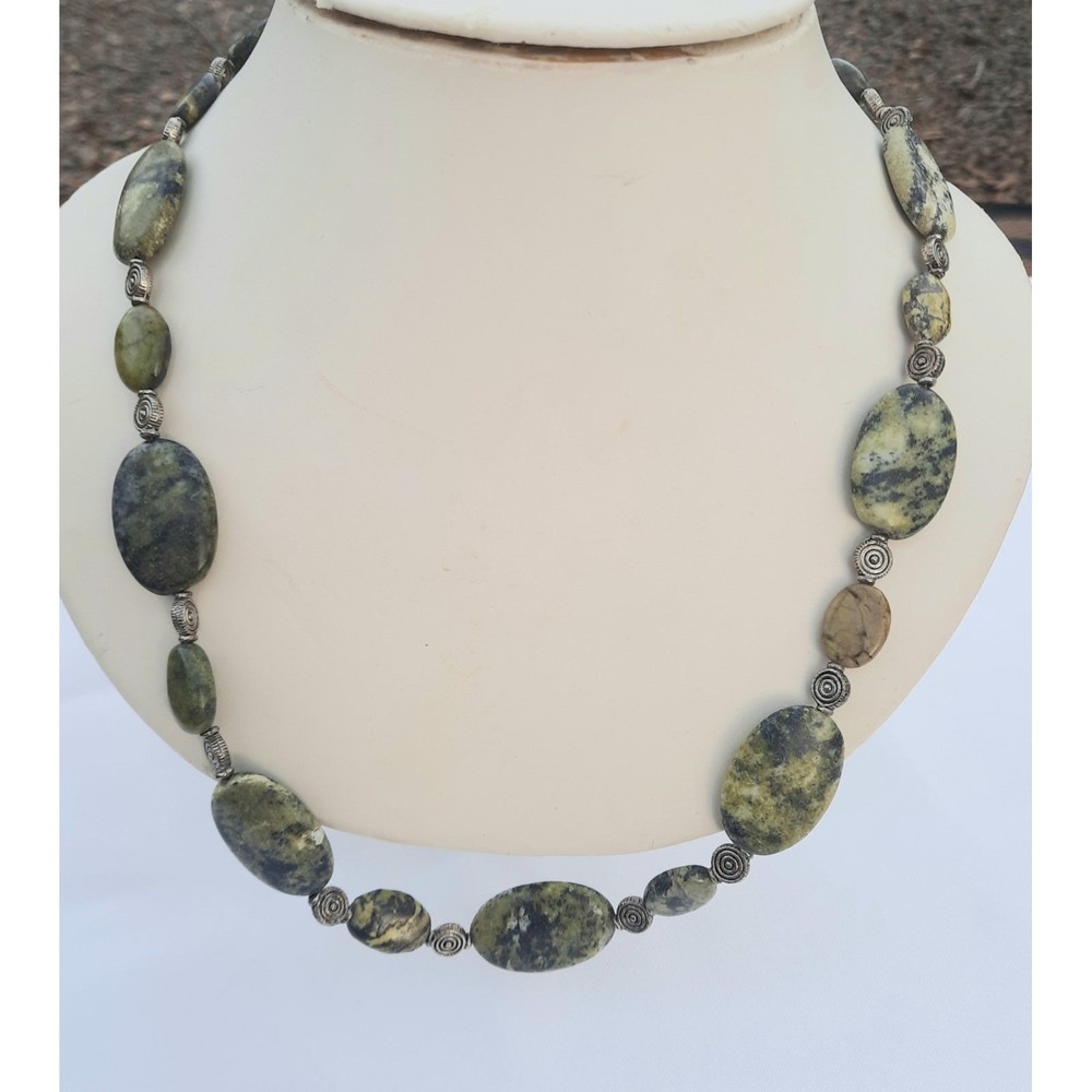 Vintage Big Chunky Green Moss Agate Necklace. Silver swirl beads and toggle
